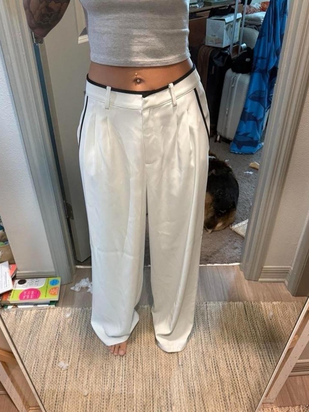 12th Tribe White Wide-Leg Pleated Trousers with Black Trim
